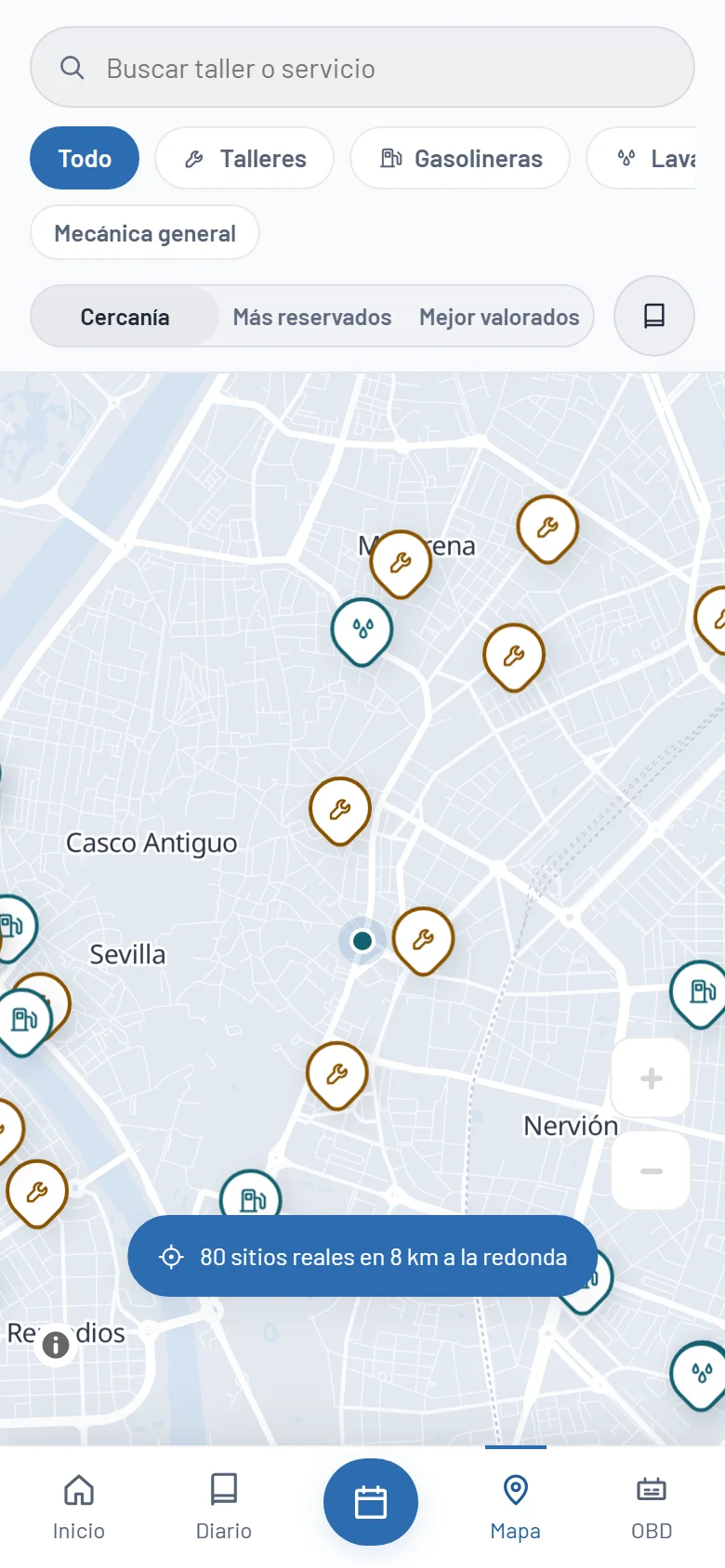 Pantalla del mapa: talleres y gasolineras de Sevilla con la posición del conductor